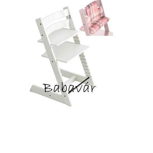 Stokke Tripp Trapp etetőszék: Fehér Rózsaszín kockás párnával Stokke Tripp Trapp etetőszék: Fehér Rózsaszín kockás párnával