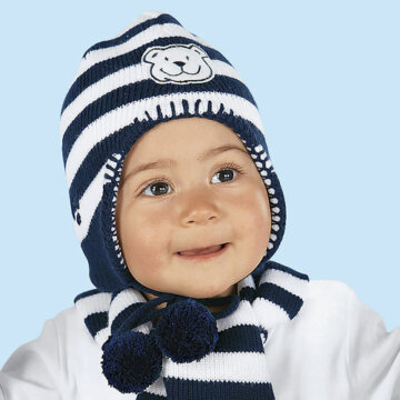 Maxikids vastag sötétkék/fehér csíkos kötött macis sál